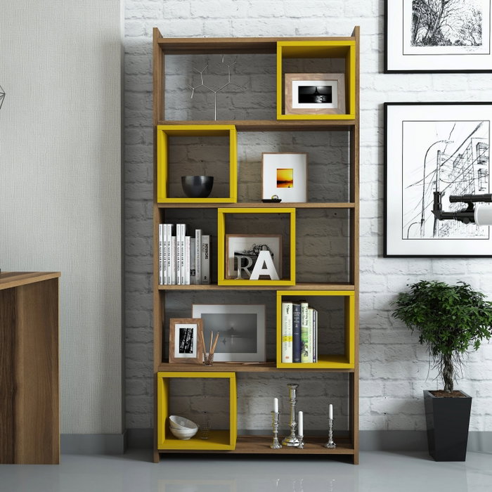 Hanah Home Estantería de Estilo Bohemio en Nogal y Amarillo Hanah Home Estantería de Estilo Bohemio en Nogal y Amarillo